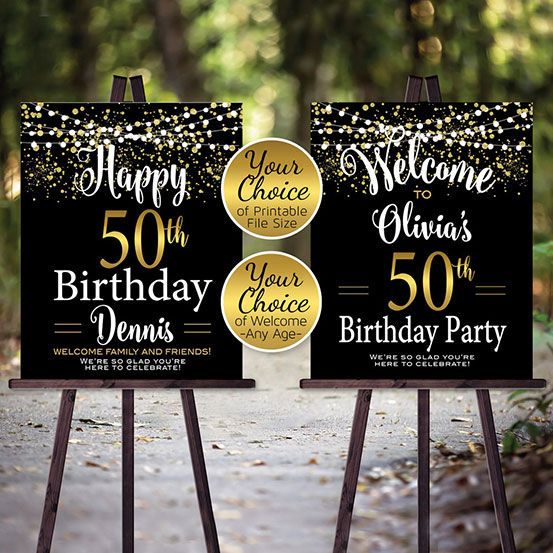 Forty & Fabulous 50th Birthday custom name welcome sign with floral design on an easel