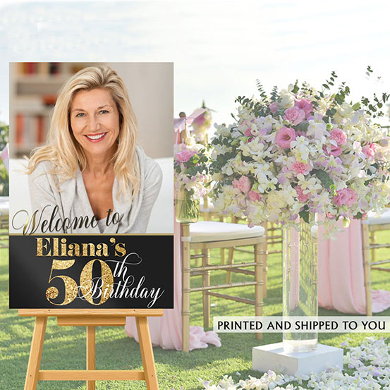 Custom photo 50th Birthday welcome sign on an easel