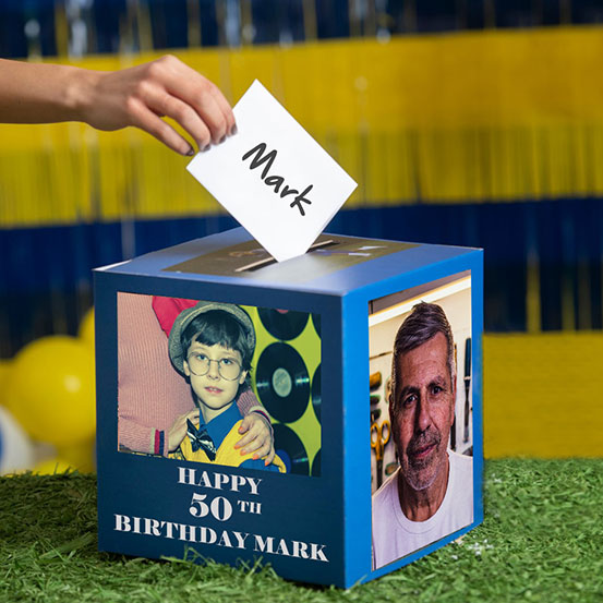 50th birthday card box printed with old photos of the birthday boy