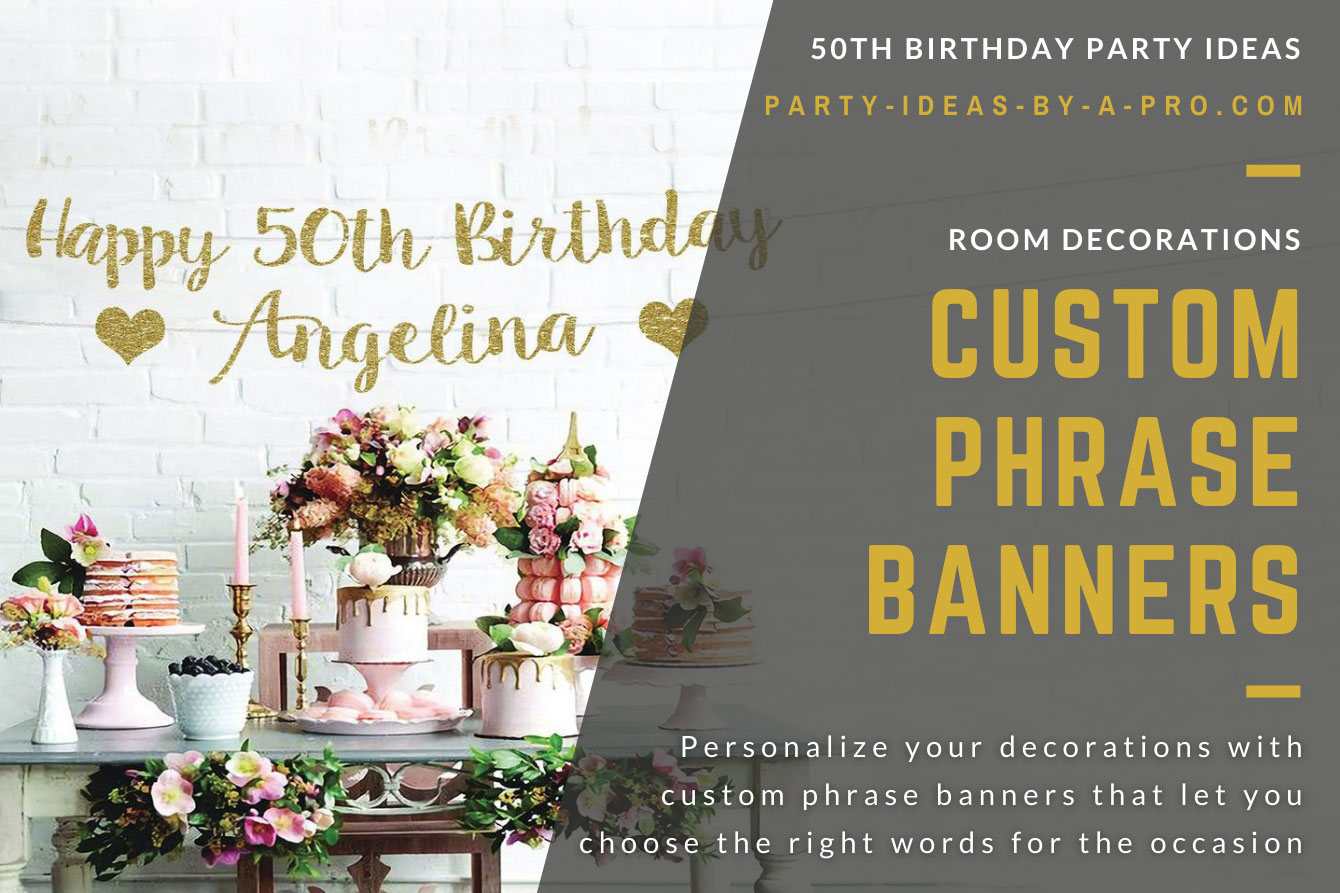 Personalized 50th Birthday gold text banner on wooden backdrop