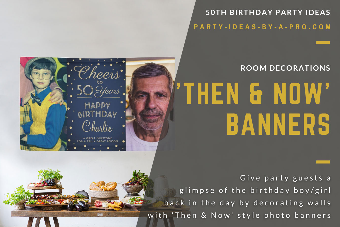 Cheers to 50 years custom photo banner showing birthday boy as a baby and as a man