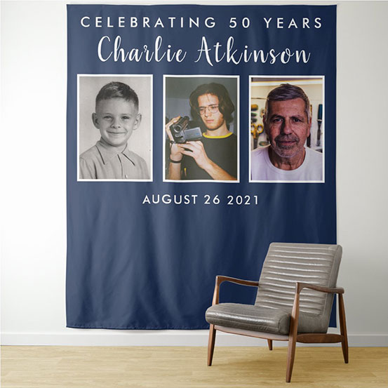 Celebrating 50 years photo backdrop showing birthday boy through the years