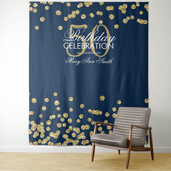 navy blue and gold sequin custom 50th birthday backdrop