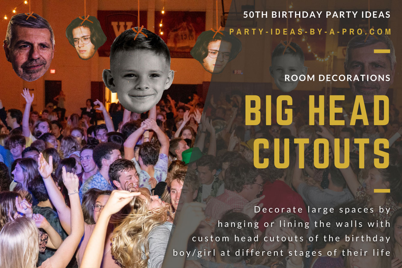 big head photo cutouts of the 50th birthday honoree as a man, boy, and baby hanging above dancefloor full of people