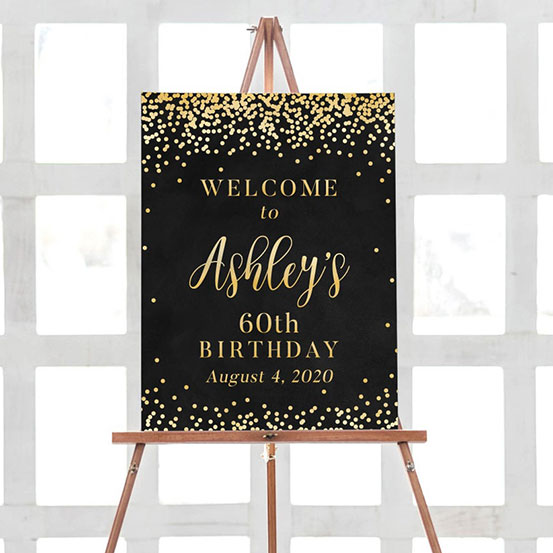 Black and gold sequin 60th Birthday custom name welcome sign on an easel