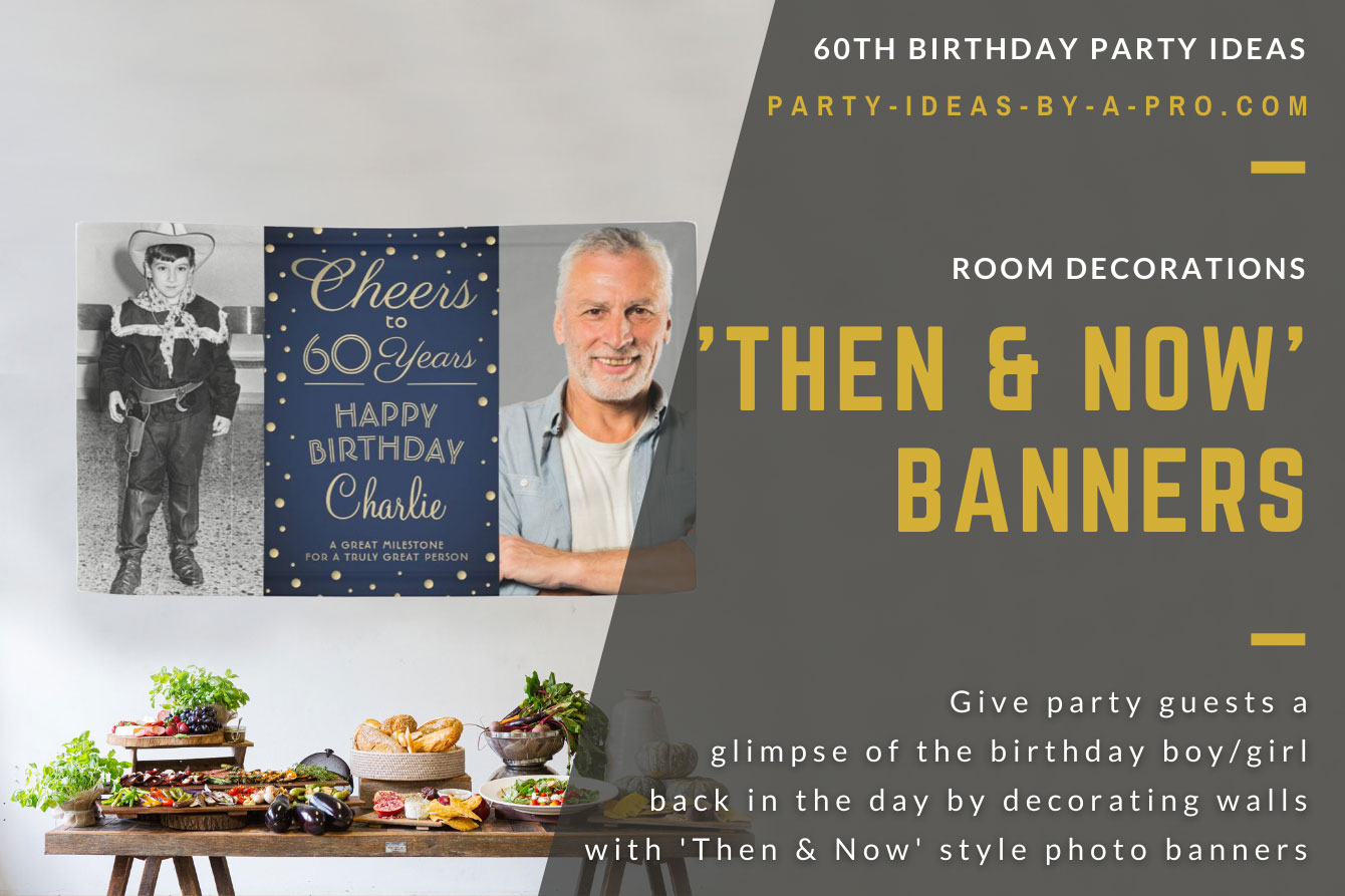 Cheers to 60 years custom photo banner showing birthday boy as a baby and as a man