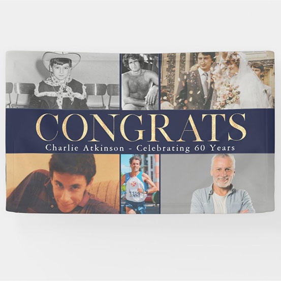 Congrats 60th birthday custom photo banner showing birthday boy at 6 different stages of his life
