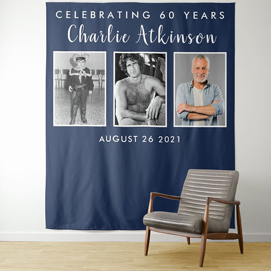 Celebrating 60 years photo backdrop showing birthday boy through the years