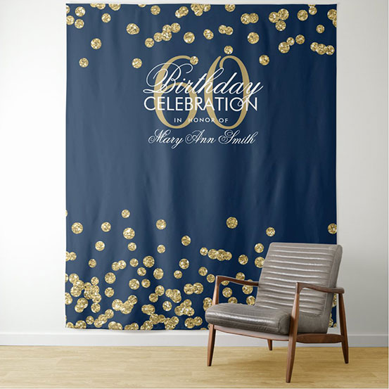 navy blue and gold sequin custom 60th birthday backdrop