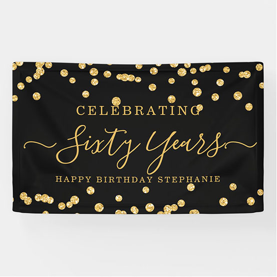 black and gold sequin Celebrating 60 years custom birthday banner