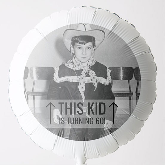 This Kid Is turning 60 photo balloon with old picture of a baby