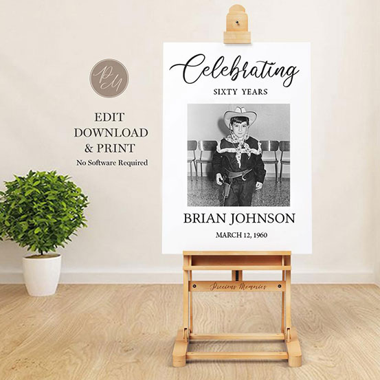 celebrating 60 years sign with photo of birthday boy as a baby displayed on an easel