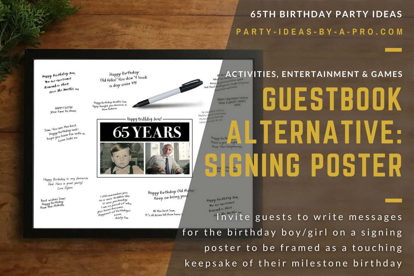 custom 65th birthday signing poster guestbook alternative with photos of birthday boy as adult and child surrounded by handwritten messages