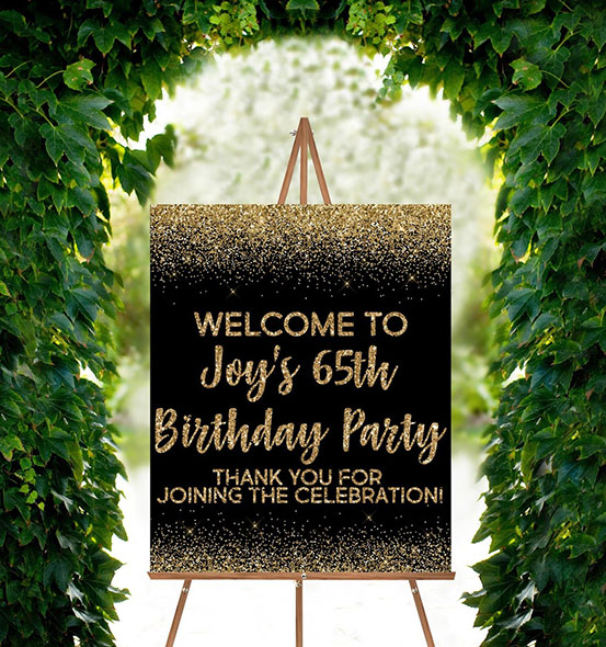 Black and gold sequin 65th Birthday custom name welcome sign on an easel