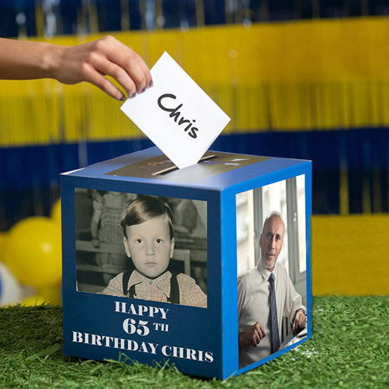 65th birthday card box printed with old photos of the birthday boy