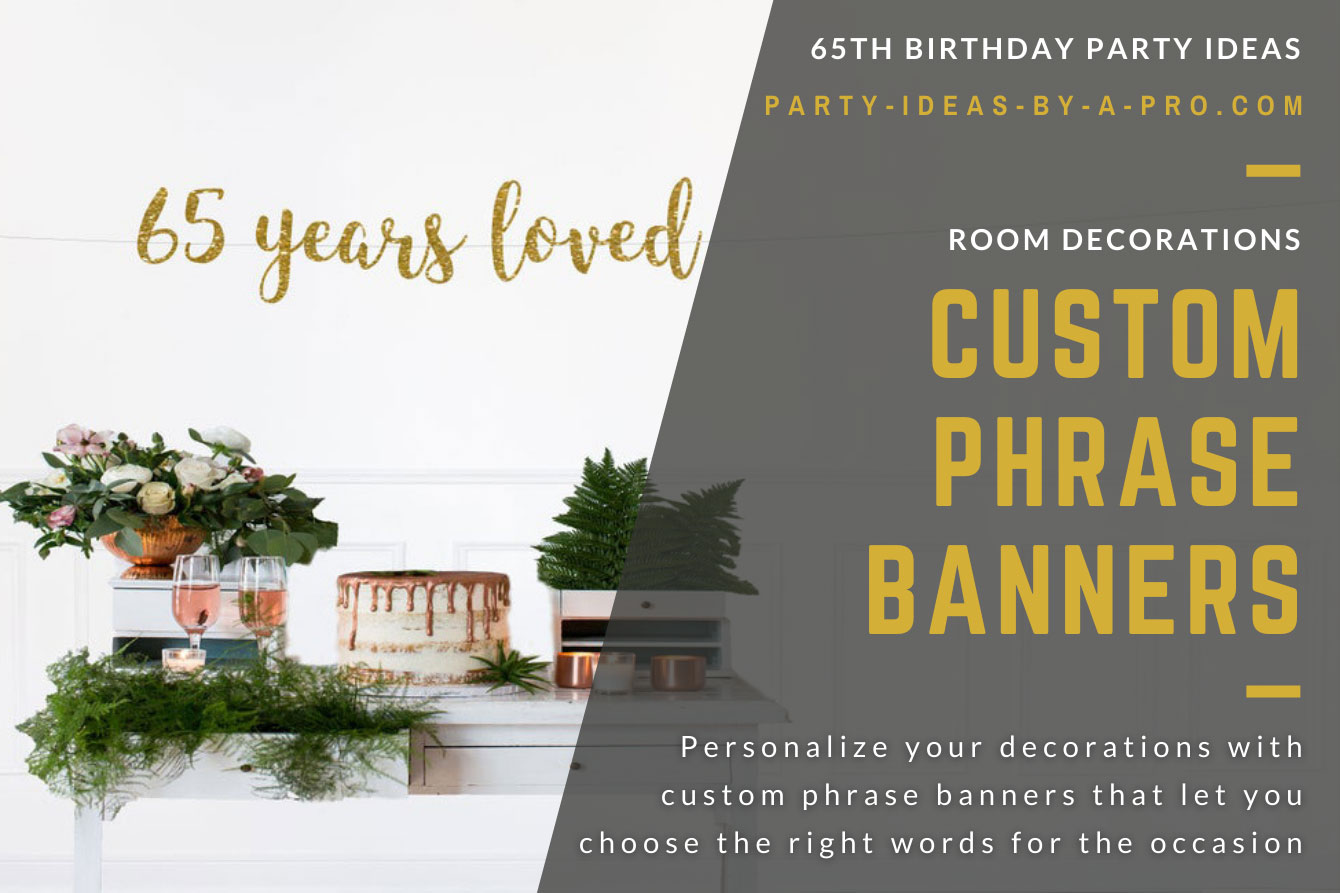 Personalized 65th Birthday gold text banner on wooden backdrop