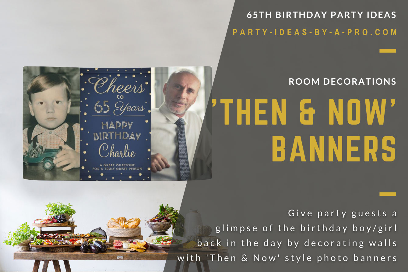 Cheers to 65 years custom photo banner showing birthday boy as a baby and as a man