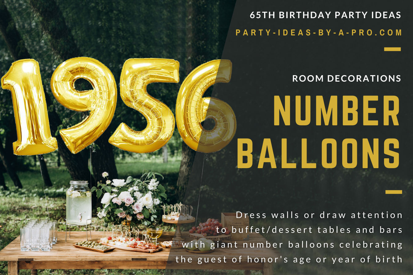 Giant gold number balloons spelling 1981 above party buffet table