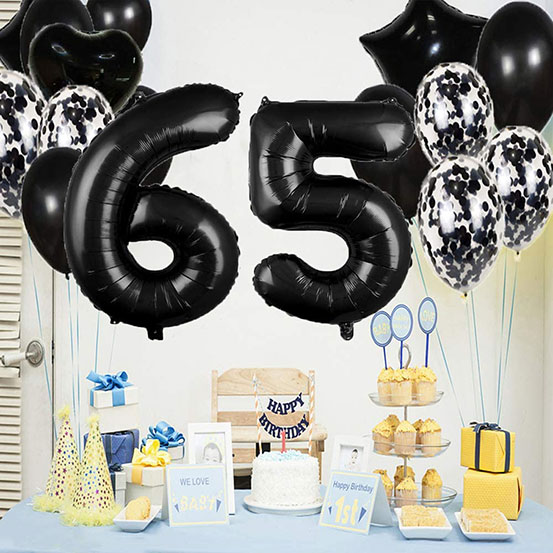 Giant number 65 balloons and other birthday decorations