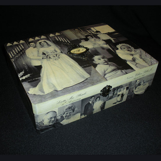front view of custom photo keepsake / memory box showing black and white family photos