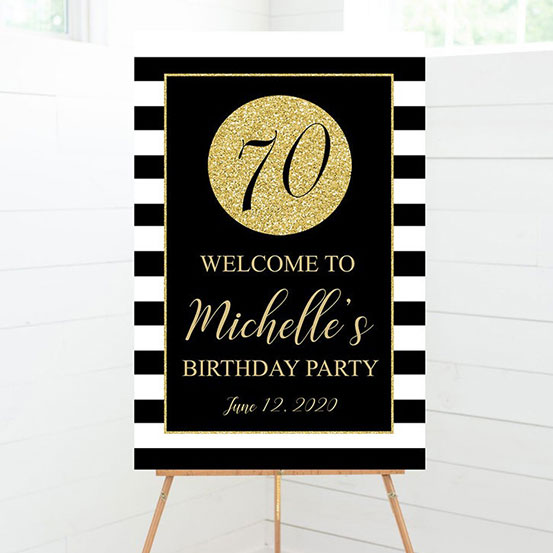 Black and gold sequin 70th Birthday custom name welcome sign on an easel