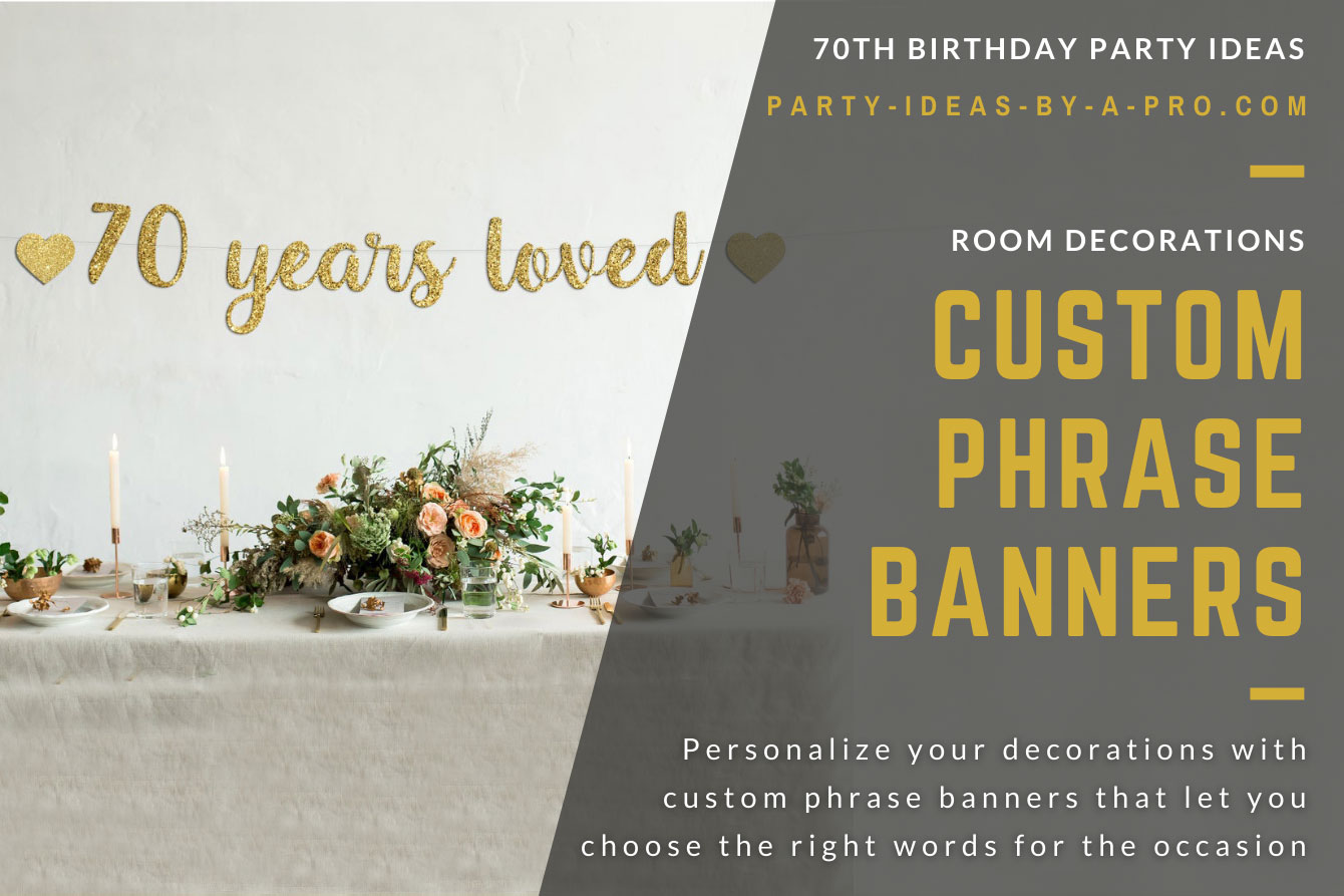 Personalized 70th Birthday gold text banner on wooden backdrop
