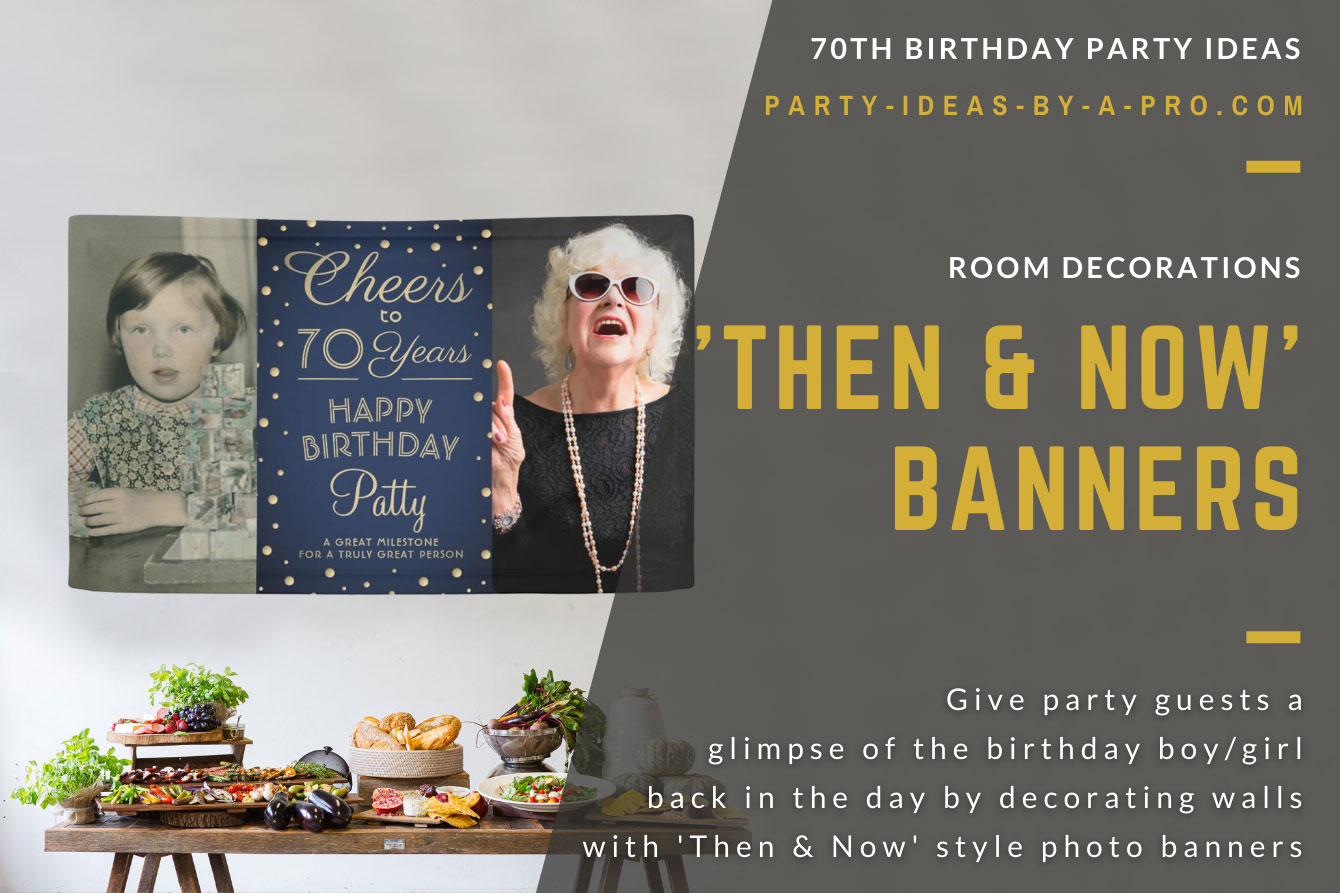 Cheers to 70 years custom photo banner showing birthday boy as a baby and as a man