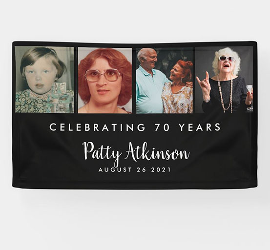 Celebrating 70 years custom photo banner showing birthday boy at 4 different stages of his life
