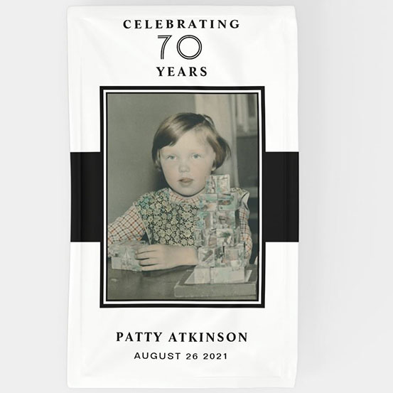 Celebrating 70 years custom photo banner showing birthday boy as a baby