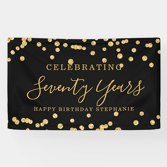 black and gold sequin Celebrating 70 years custom birthday banner