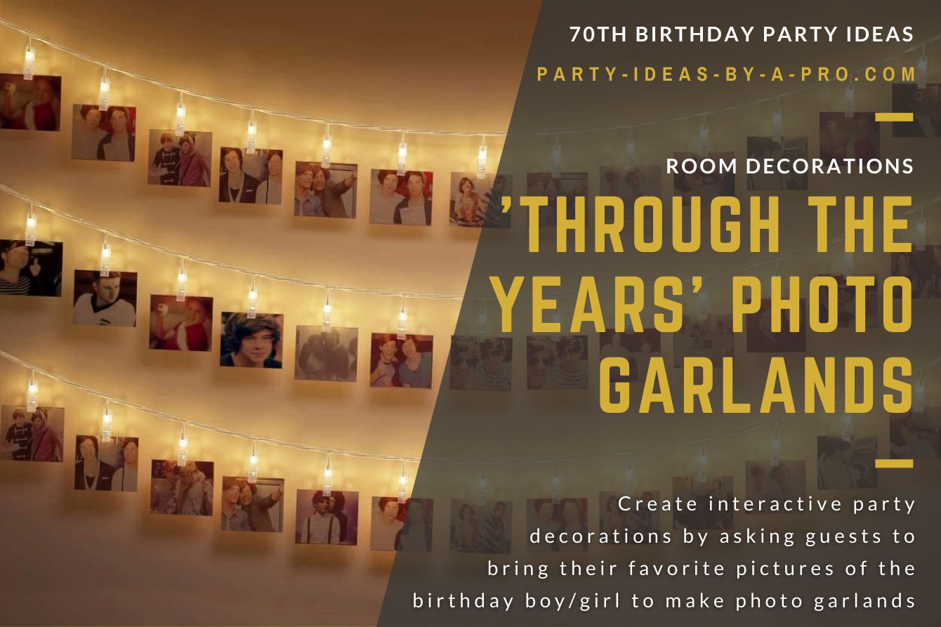 garlands of photos hung on wall with LED clip lights