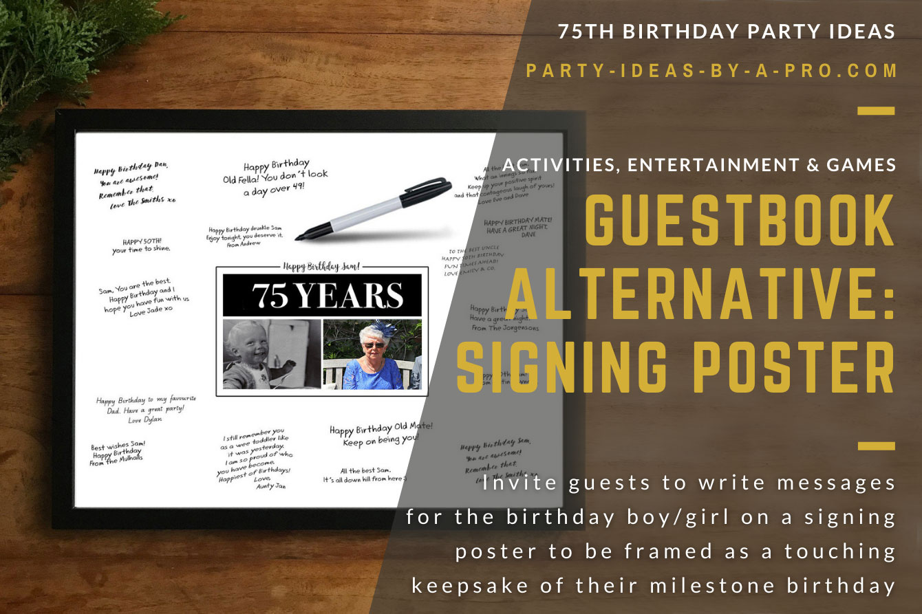 custom 75th birthday signing poster guestbook alternative with photos of birthday boy as adult and child surrounded by handwritten messages