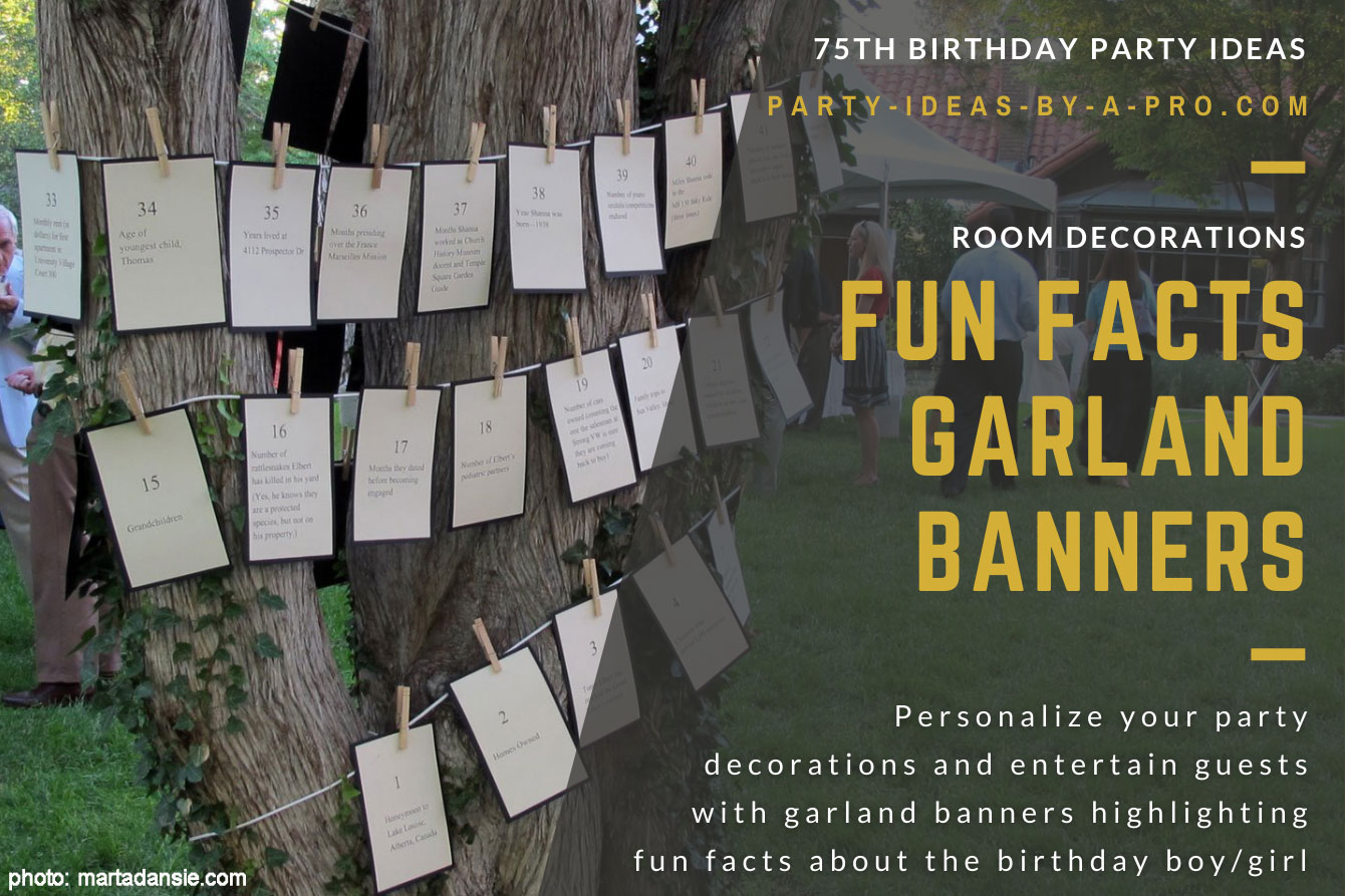 Fun Facts garland banners wrapped around a tree at a garden party