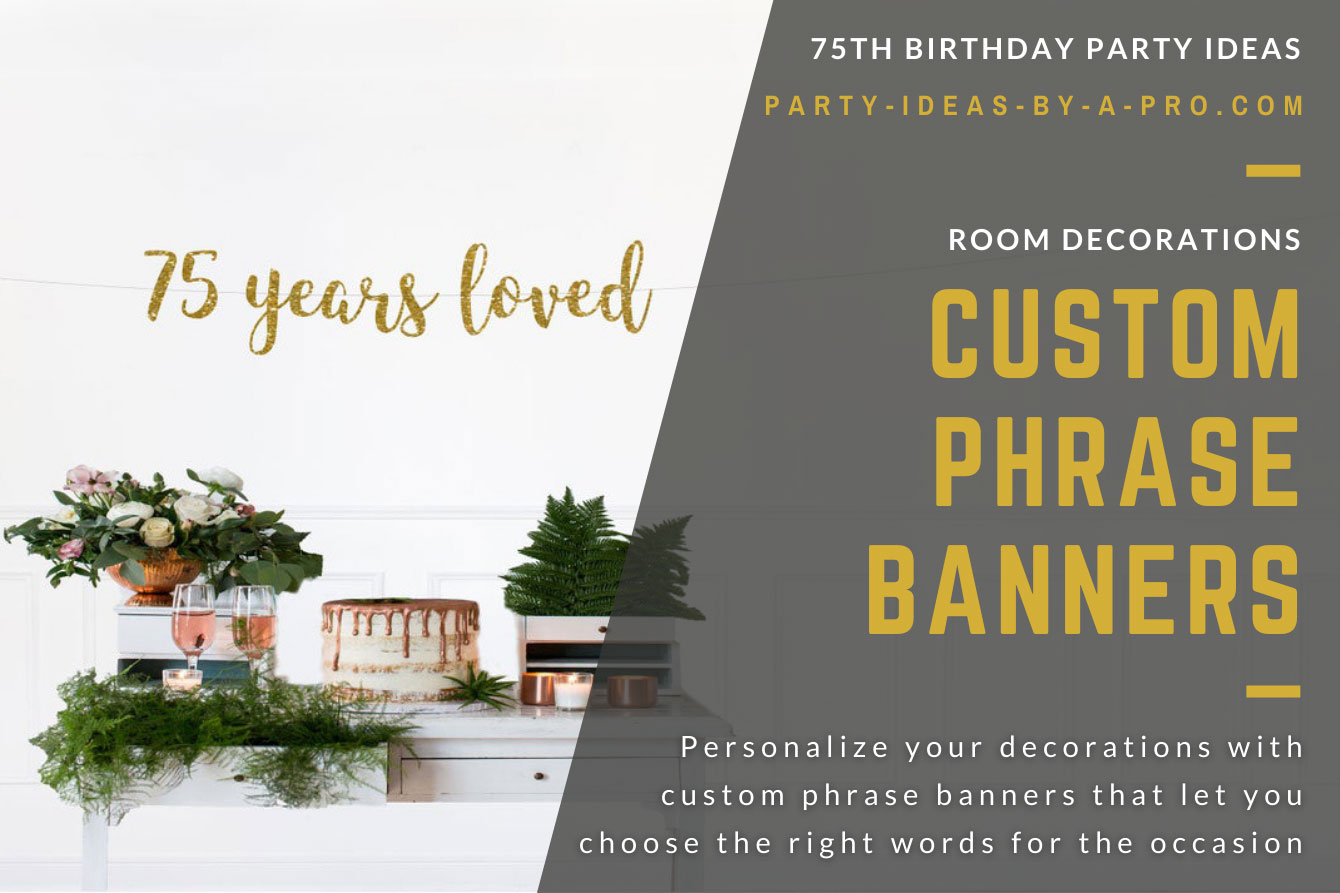 Personalized 75th Birthday gold text banner on wooden backdrop