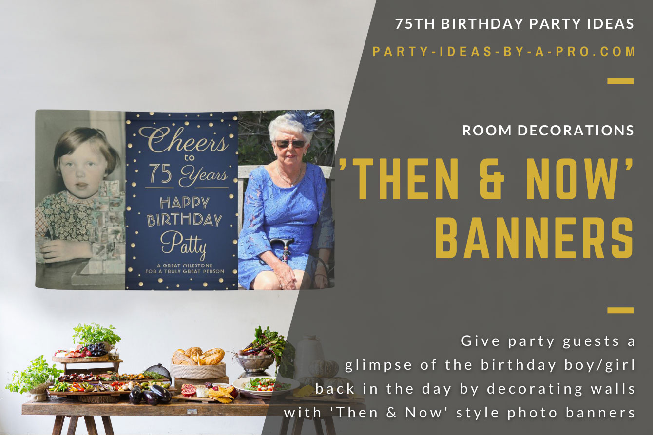 Cheers to 75 years custom photo banner showing birthday boy as a baby and as a man