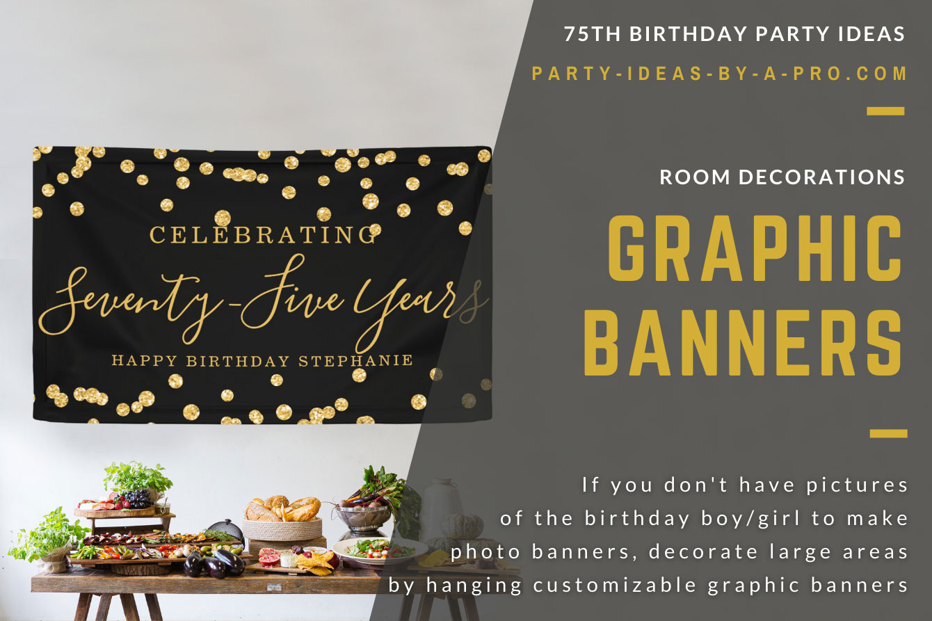 black and gold sequin Celebrating 75 years custom birthday banner
