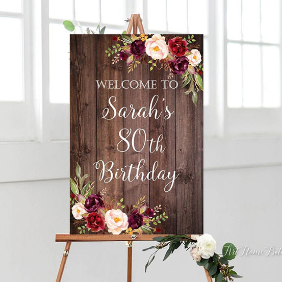 Black and gold sequin 80th Birthday custom name welcome sign on an easel