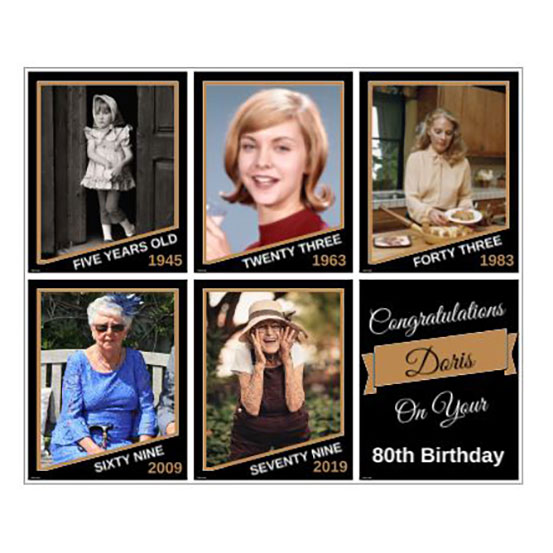 Through The Years photo lawn signs each sign showing birthday boy at a different age