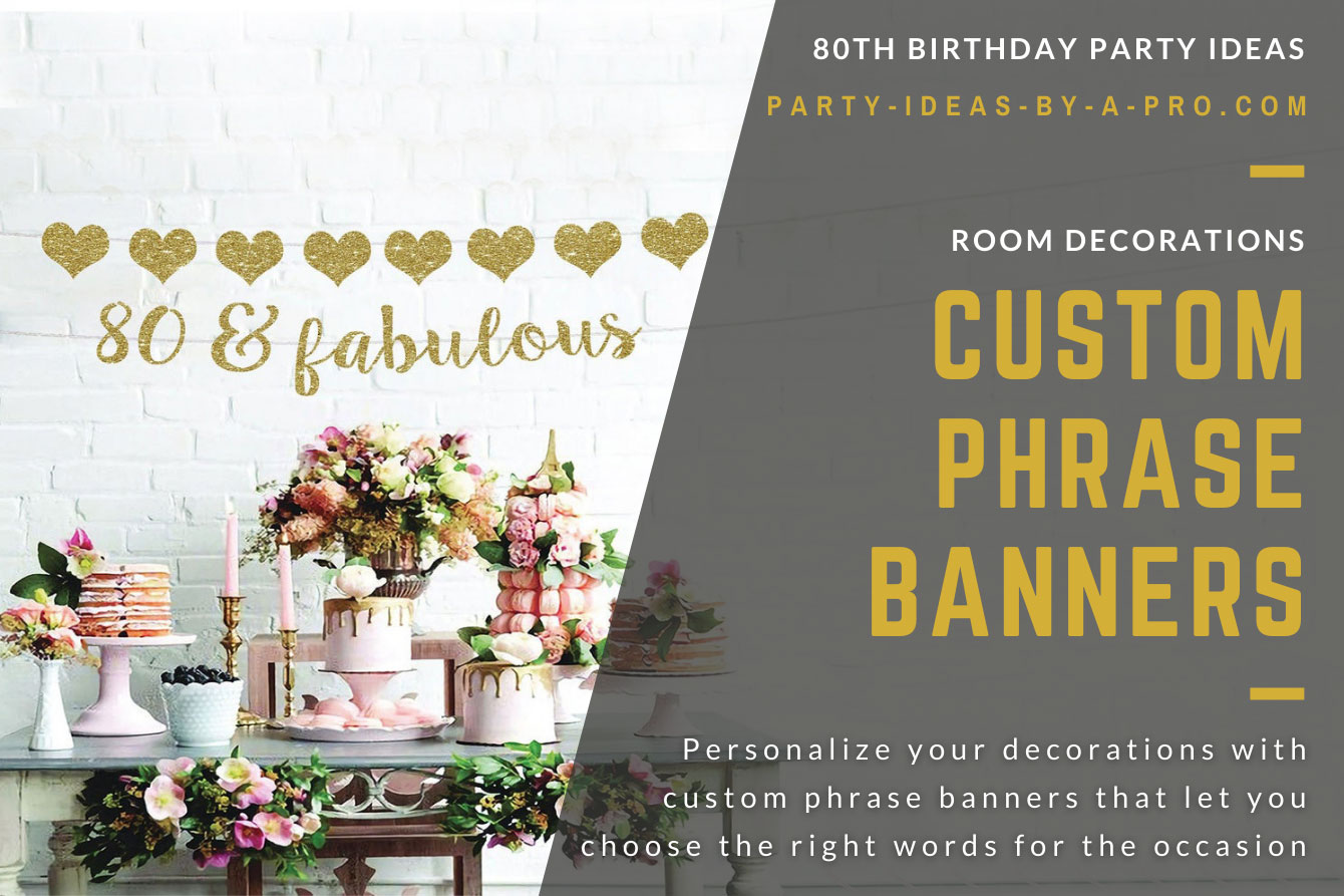 Personalized 80th Birthday gold text banner on wooden backdrop
