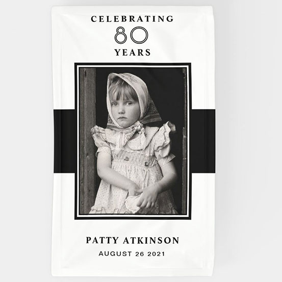 Celebrating 80 years custom photo banner showing birthday boy as a baby