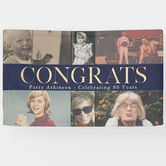 Congrats 80th birthday custom photo banner showing birthday boy at 6 different stages of his life