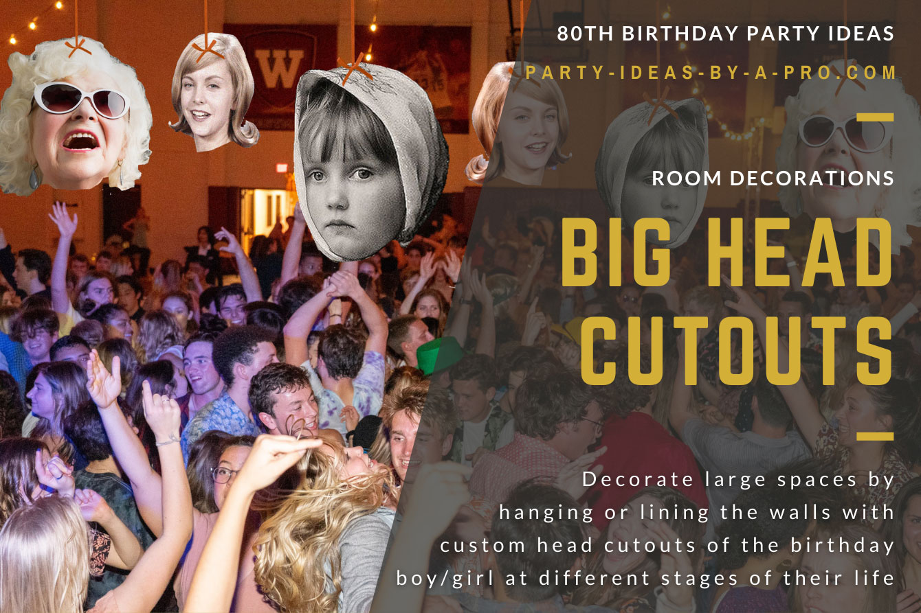 big head photo cutouts of the 80th birthday honoree as a man, boy, and baby hanging above dancefloor full of people