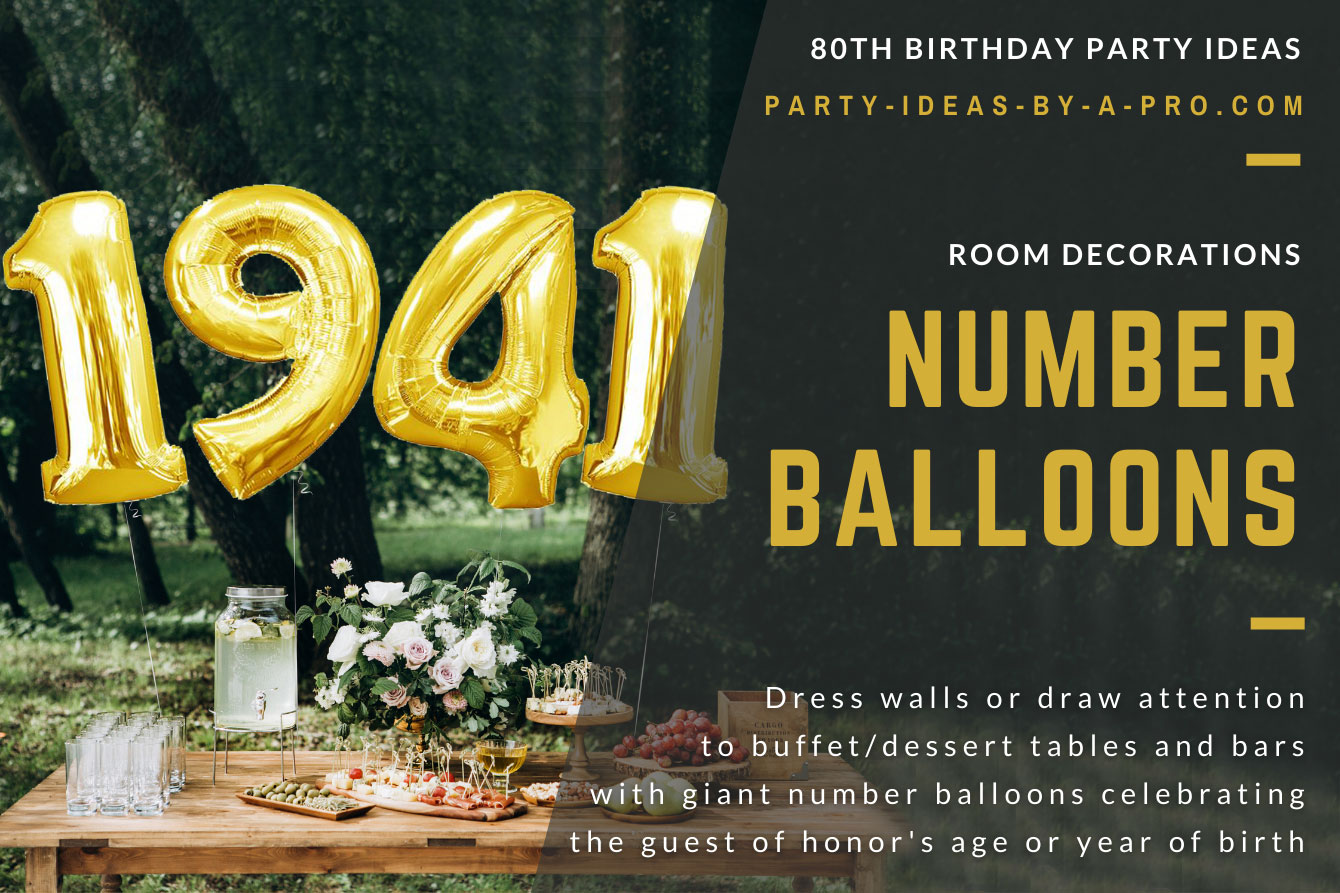 Giant gold number balloons spelling 1981 above party buffet table