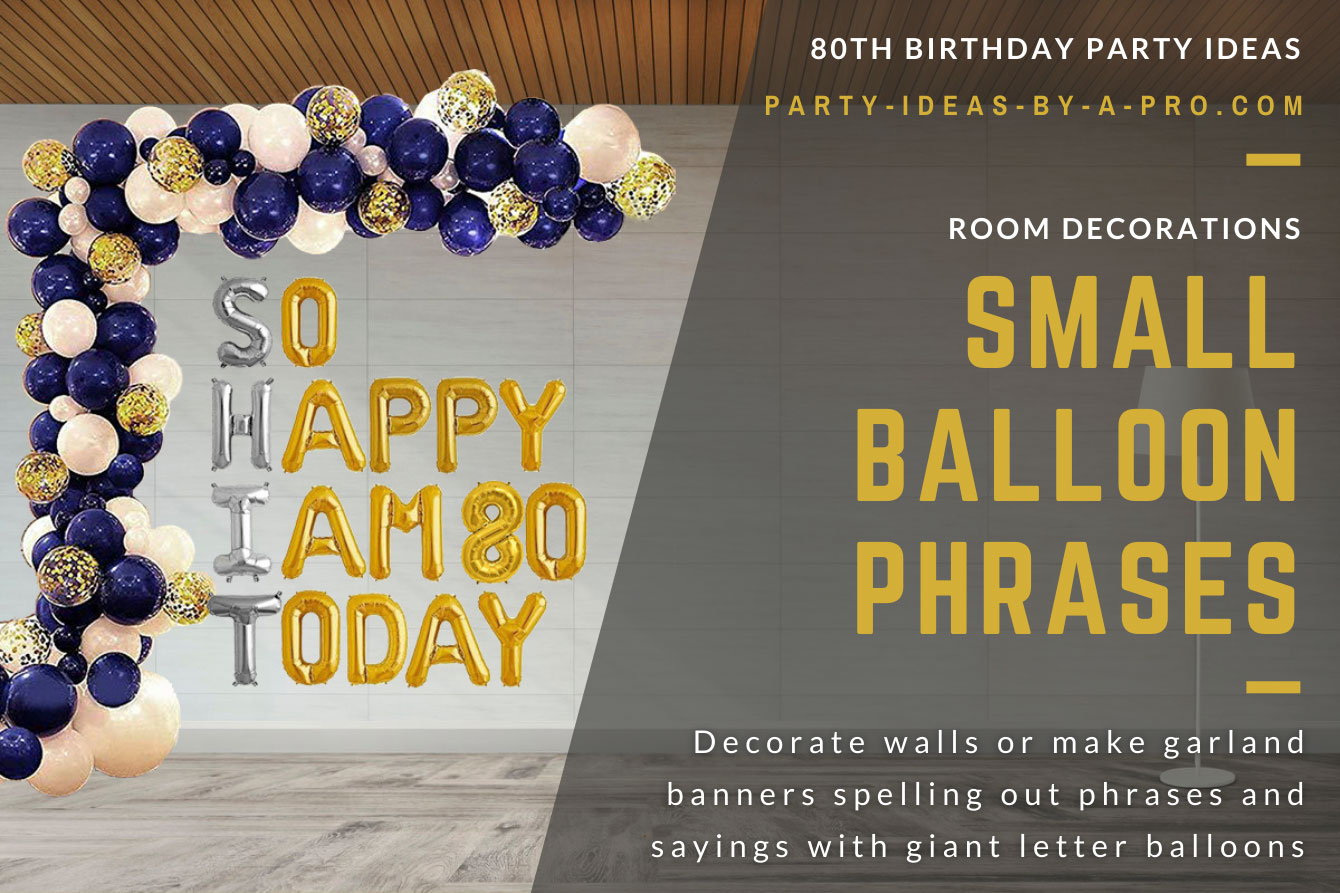 So Happy I Am 80 today letter balloons on wall surrounded by balloon garland