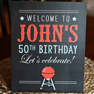 BBQ theme milestone birthday party welcome sign