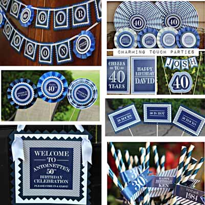 Blue and White Vintage 80th birthday supplies