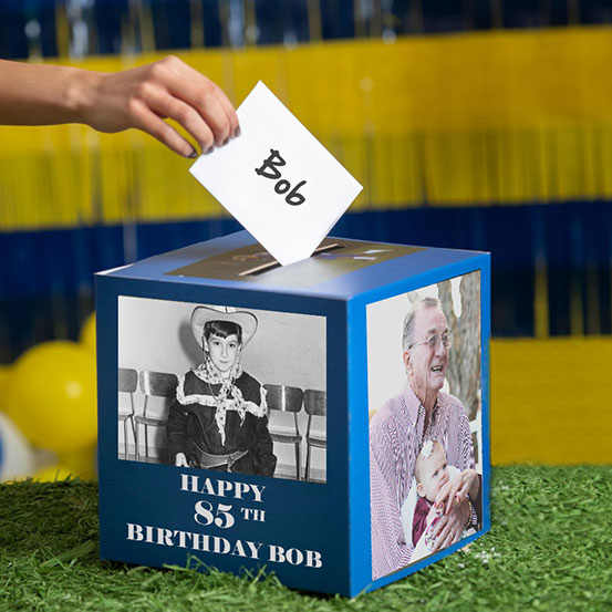 85th birthday card box printed with old photos of the birthday boy
