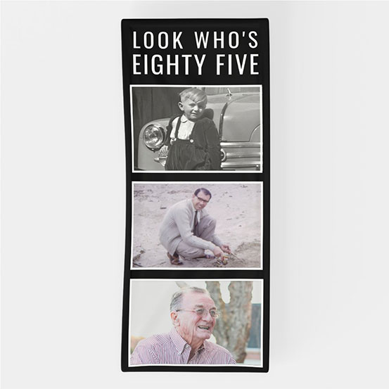 Look Who's Forty custom photo vertical banner showing birthday boy at 3 different stages of his life