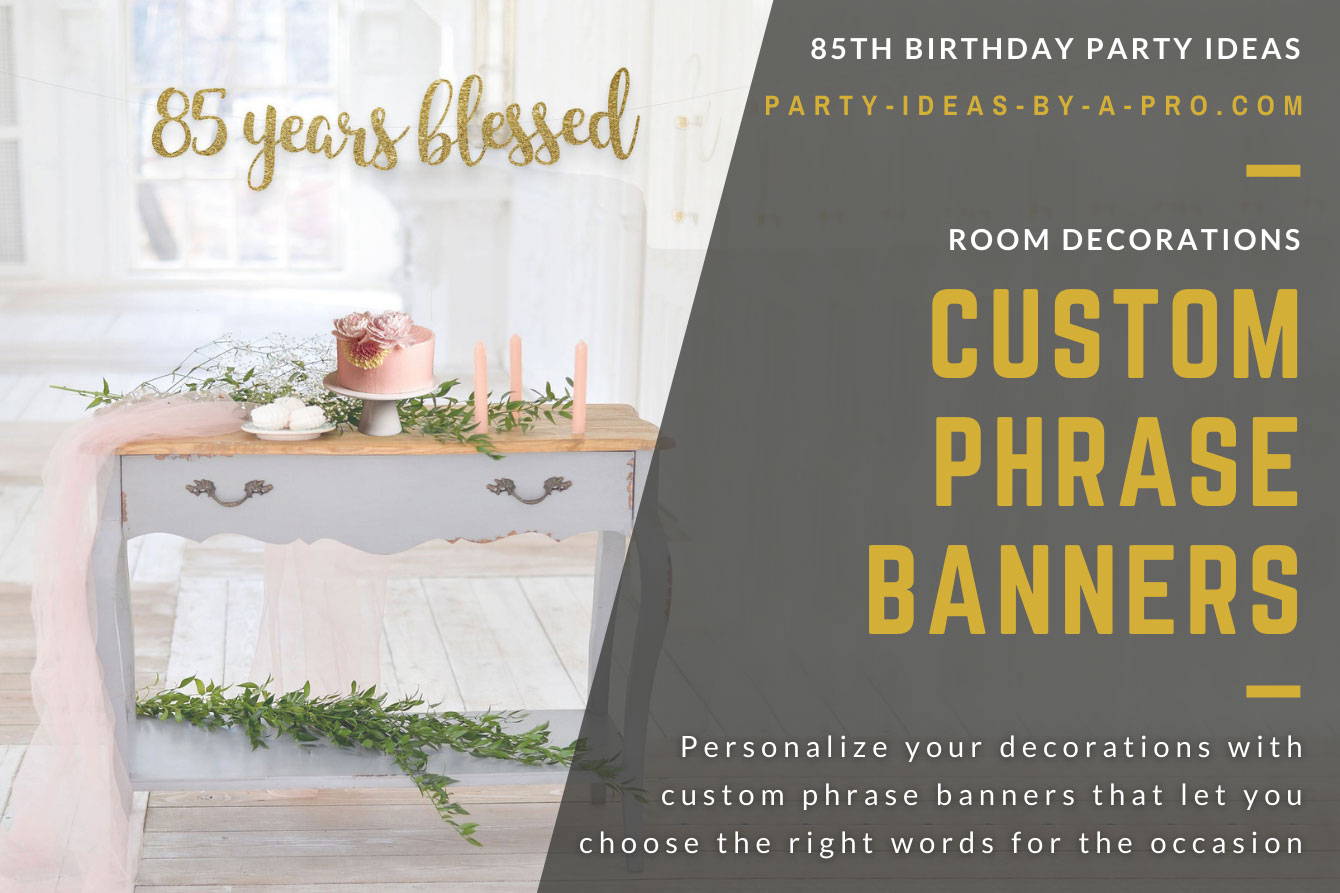 Personalized 85th Birthday gold text banner on wooden backdrop