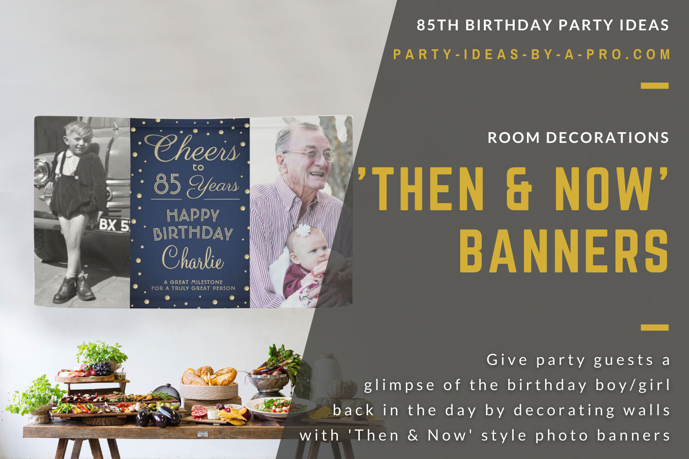 Cheers to 85 years custom photo banner showing birthday boy as a baby and as a man
